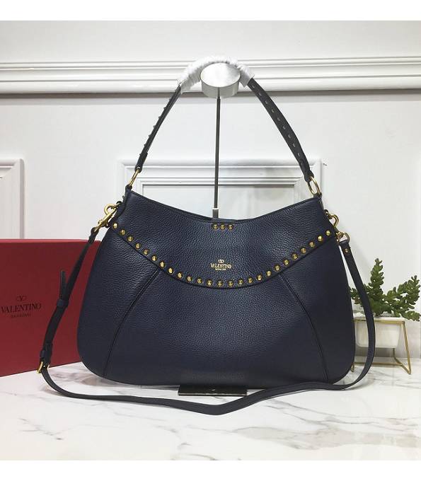 Valentino Garavani Twinkle Studs Dark Blue Original Litchi Veins Calfskin Leather Large Shoulder Bag