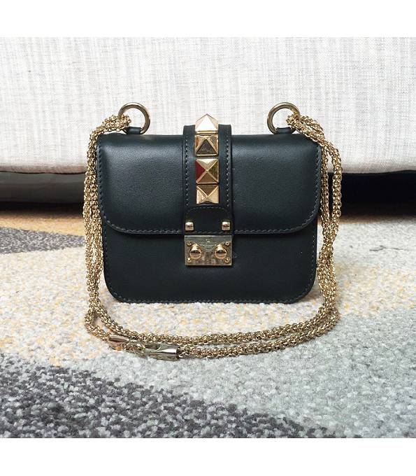 Valentino Rockstud Dark Green Original Calfskin Leather Golden Chain 17cm Flap Shoulder Bag