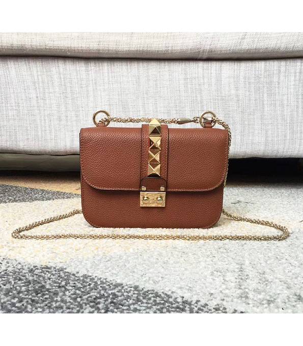 Valentino Rockstud Brown Original Litchi Veins Leather 21cm Shoulder Bag