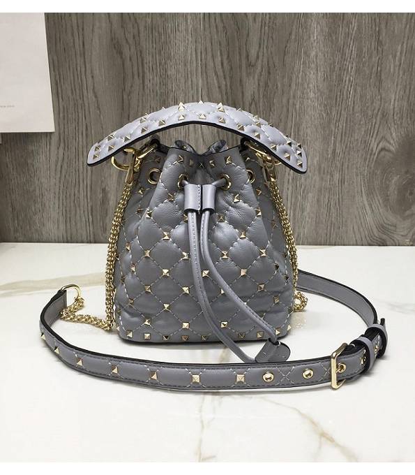 Valentino Garavani Rockstud Spike Grey Original Calfskin Leather 17cm Bucket Bag