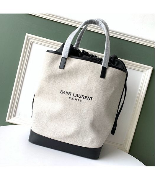 YSL White Canvas With Black Original Leather Shopping Bag