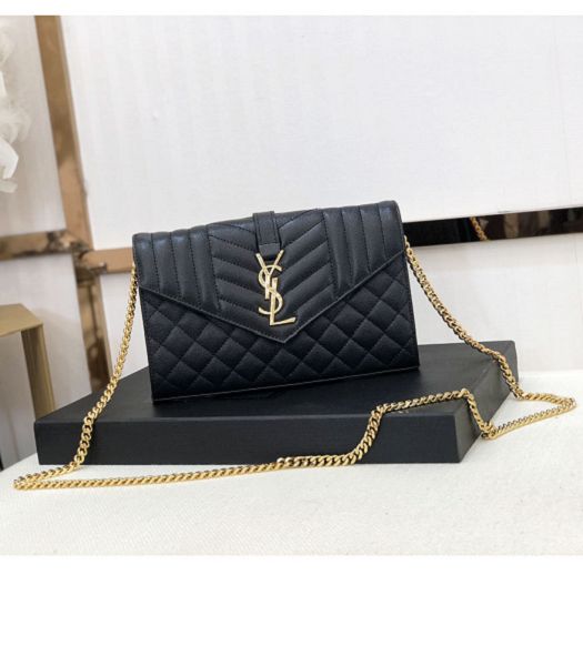 YSL Black Original Matelasse Embossed Caviar Leather Golden Metal Small Envelope Bag