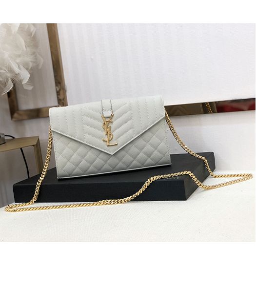 YSL White Original Matelasse Embossed Caviar Leather Golden Metal Small Envelope Bag