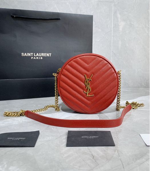 YSL Vinyle Red Original Chevron Quilted Caviar Leather Golden Metal Round Camera Bag