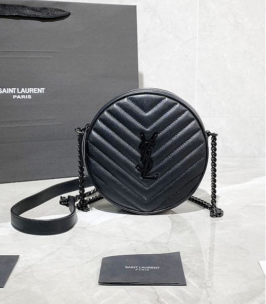 YSL Vinyle Black Original Chevron Quilted Grain Real Leather Black Metal Round Camera Bag