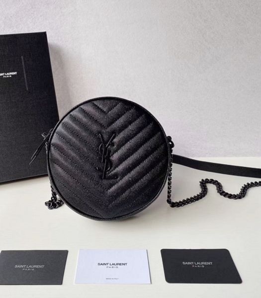 YSL Vinyle Black Original Chevron Quilted Caviar Leather Black Metal Round Camera Bag