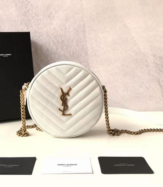 YSL Vinyle White Original Chevron Quilted Caviar Leather Golden Metal Round Camera Bag