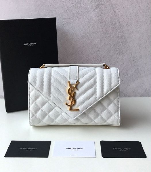 YSL White Original Matelasse Embossed Caviar Leather Golden Metal Small Envelope Bag