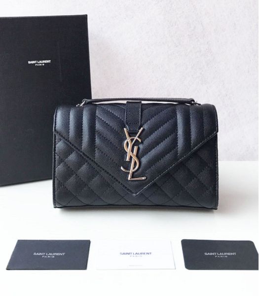 YSL Black Original Matelasse Embossed Caviar Leather Silver Metal Small Envelope Bag