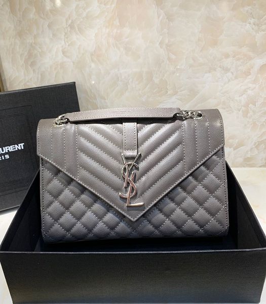 YSL Grey Original Matelasse Embossed Caviar Leather Silver Metal Medium Envelope Bag