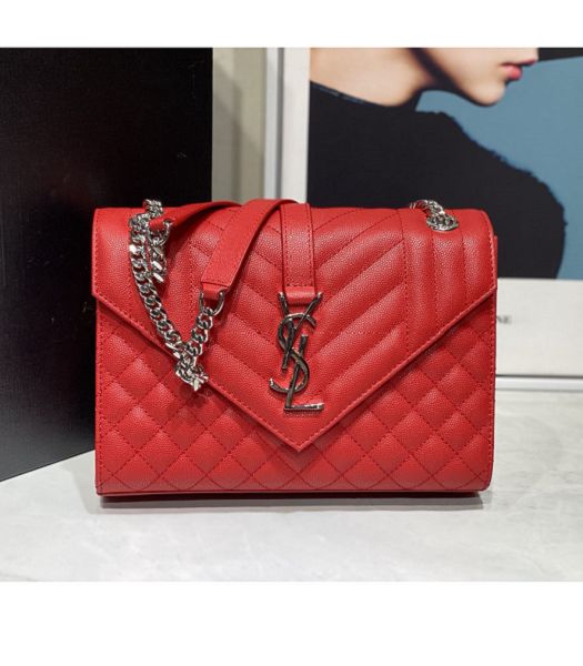 YSL Red Original Matelasse Embossed Caviar Leather Silver Metal Medium Envelope Bag