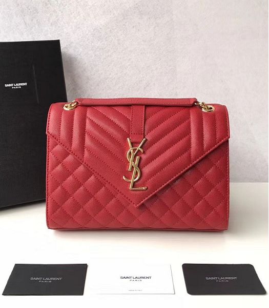 YSL Red Original Matelasse Embossed Caviar Leather Golden Metal Medium Envelope Bag