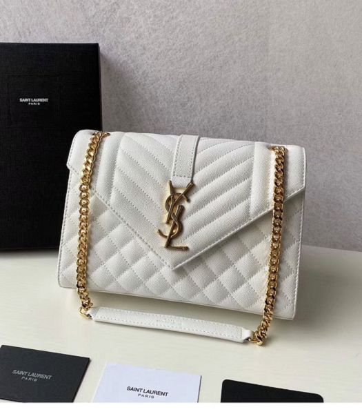 YSL White Original Matelasse Embossed Caviar Leather Golden Metal Medium Envelope Bag