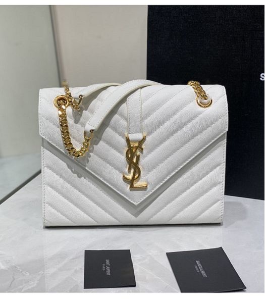 YSL White Original Matelasse Embossed Caviar Leather Golden Metal Medium Envelope Bag