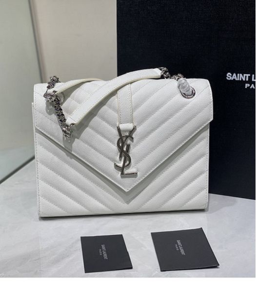 YSL White Original Matelasse Embossed Caviar Leather Silver Metal Medium Envelope Bag