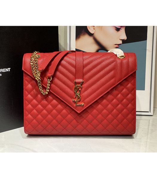 YSL Red Original Matelasse Embossed Caviar Leather Golden Metal Large Envelope Bag