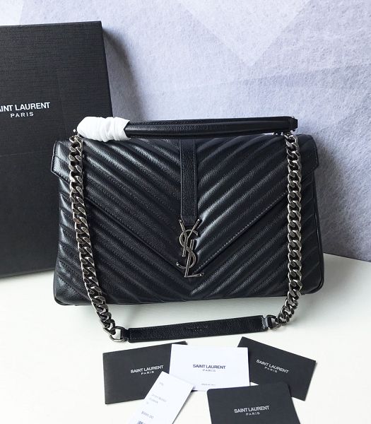 YSL College Black Original Chevron Lambskin Silver Metal Large Top Handle Bag