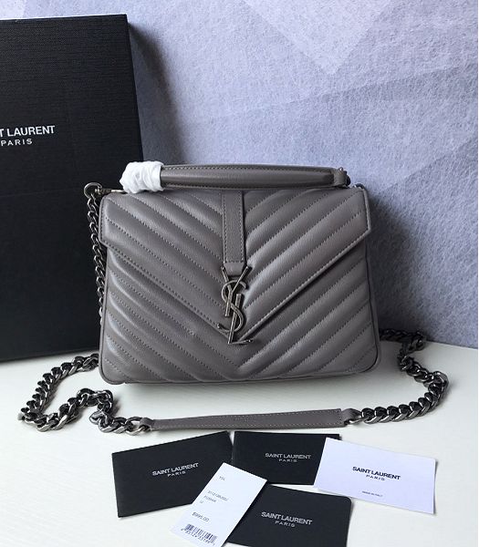 YSL College Khaki Original Chevron Lambskin Silver Metal Medium Top Handle Bag