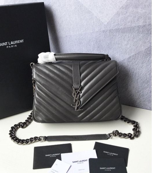 YSL College Grey Original Chevron Lambskin Silver Metal Medium Top Handle Bag