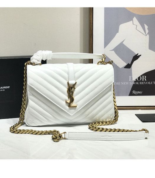 YSL College White Original Chevron Lambskin Golden Metal Medium Top Handle Bag