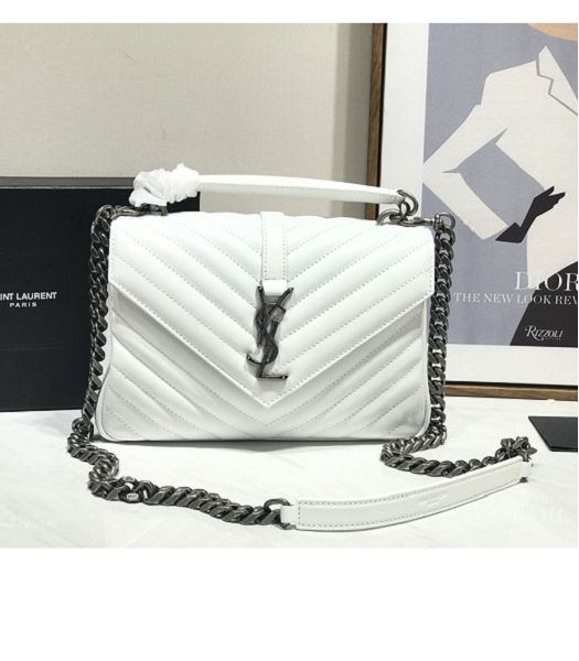 YSL College White Original Chevron Lambskin Silver Metal Medium Top Handle Bag