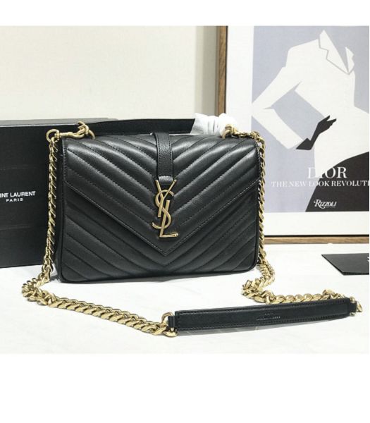 YSL College Black Original Chevron Lambskin Golden Metal Medium Top Handle Bag