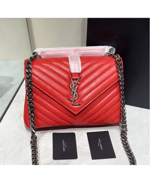 YSL College Red Original Chevron Lambskin Silver Metal Medium Top Handle Bag