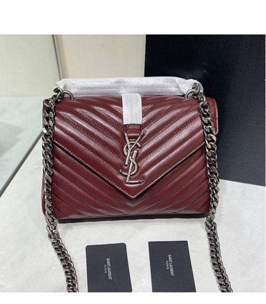 YSL College Dark Red Original Chevron Lambskin Silver Metal Medium Top Handle Bag