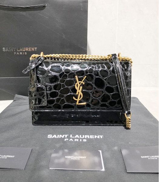 YSL Sunset Black Original Tortoise Veins Real Leather Golden Metal Medium Flap Shoulder Bag