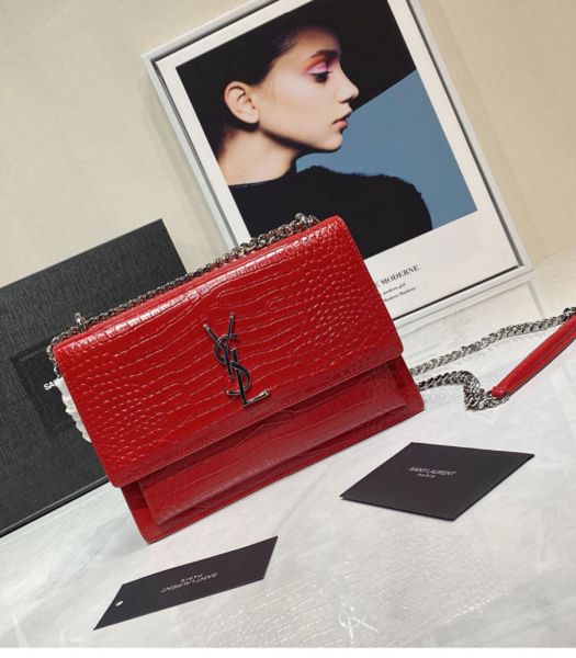 YSL Sunset Red Original Croc Veins Real Leather Silver Metal Medium Flap Shoulder Bag