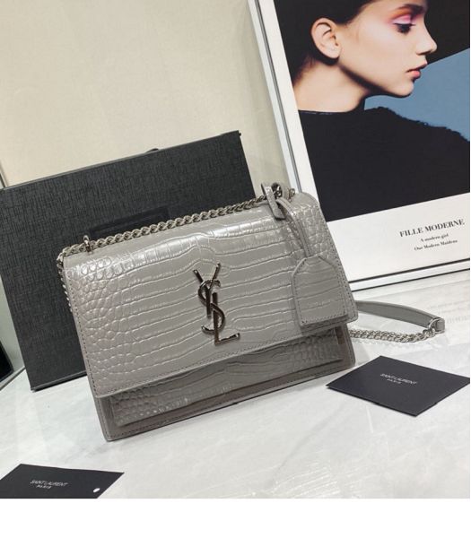 YSL Sunset Grey Original Croc Veins Real Leather Silver Metal Medium Flap Shoulder Bag