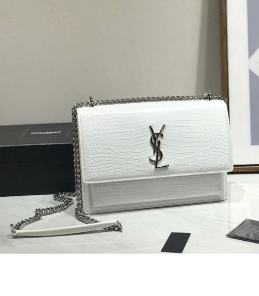 YSL Sunset White Original Croc Veins Real Leather Silver Metal Medium Flap Shoulder Bag