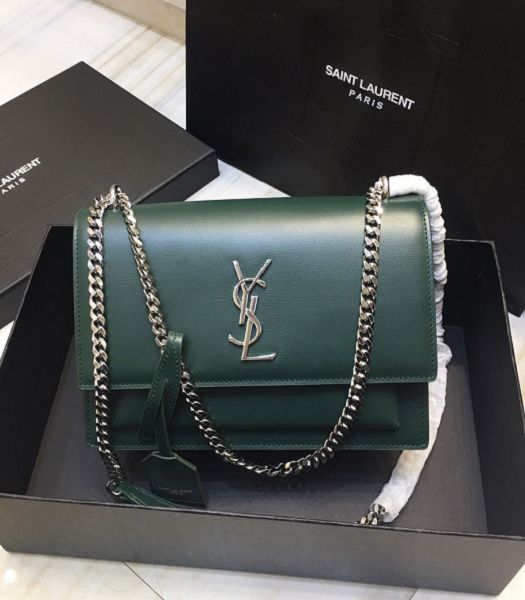 YSL Sunset Green Original Real Leather Silver Metal Medium Flap Shoulder Bag