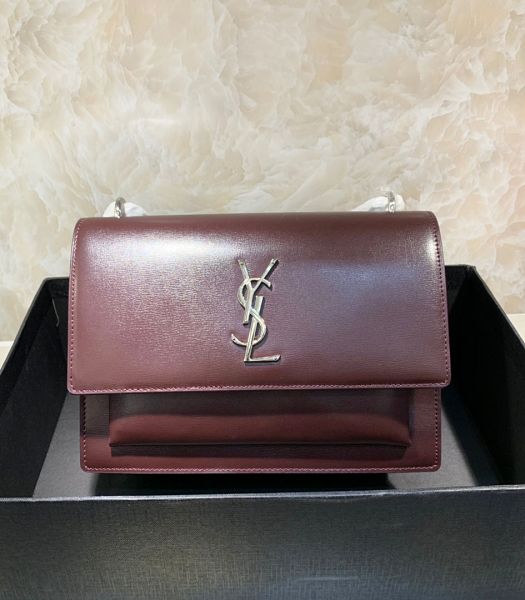 YSL Sunset Wine Red Original Real Leather Silver Metal Medium Flap Shoulder Bag