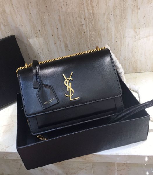 YSL Sunset Black Original Real Leather Golden Metal Medium Flap Shoulder Bag