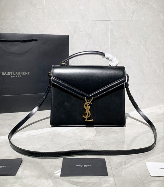 YSL Cassandra Black Original Scrub With Smooth Real Leather Golden Metal Medium Top Handle Bag