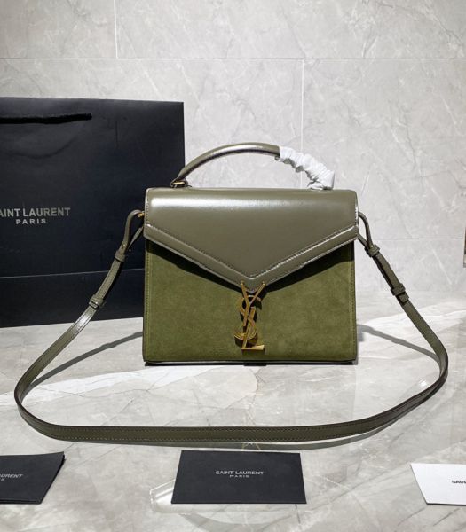 YSL Cassandra Green Original Scrub With Smooth Real Leather Golden Metal Medium Top Handle Bag