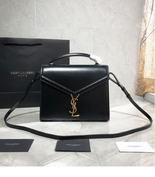 YSL Cassandra Black Original Smooth Real Leather Golden Metal Medium Top Handle Bag