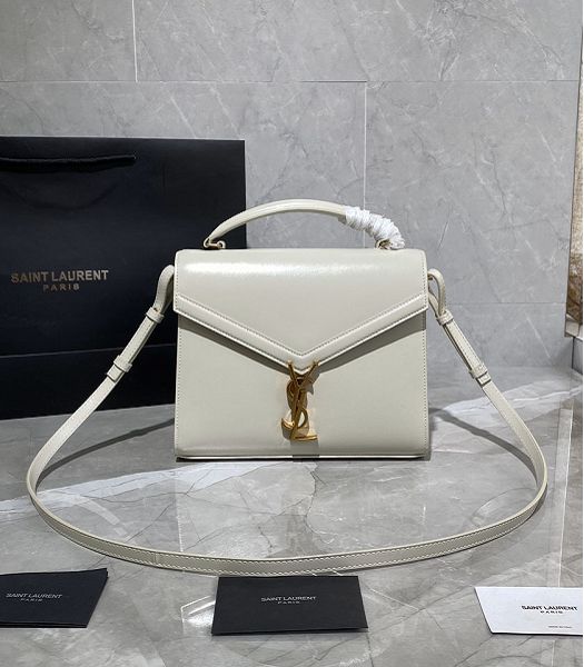 YSL Cassandra White Original Smooth Real Leather Golden Metal Medium Top Handle Bag