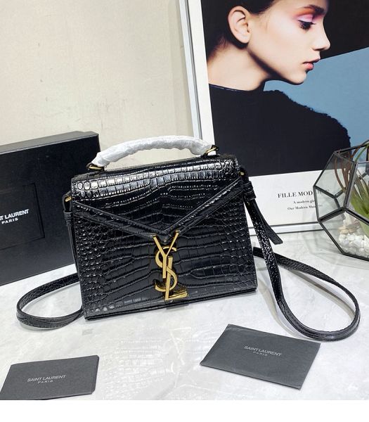 YSL Cassandra Black Original Croc Veins Real Leather Golden Metal Mini Top Handle Bag