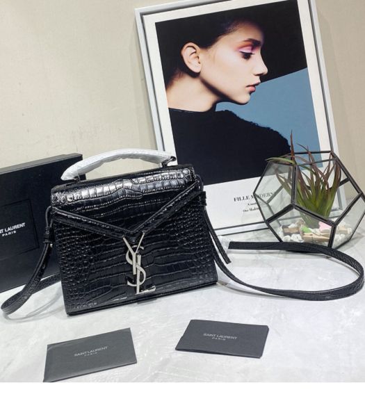 YSL Cassandra Black Original Croc Veins Real Leather Silver Metal Mini Top Handle Bag