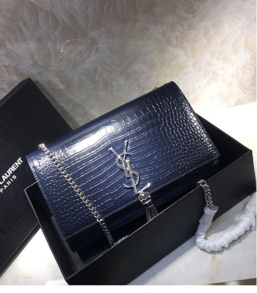 YSL Kate Sapphire Blue Original Croc Veins Leather Silver Metal Tassel Medium Chain Bag