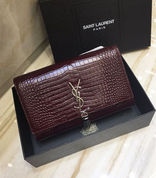 YSL Kate Jujube Original Croc Veins Leather Silver Metal Tassel Medium Chain Bag