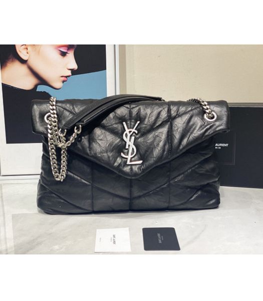 YSL LouLou Puffer Black Original Wrinkly Lambskin Silver Metal Large Shoulder Bag