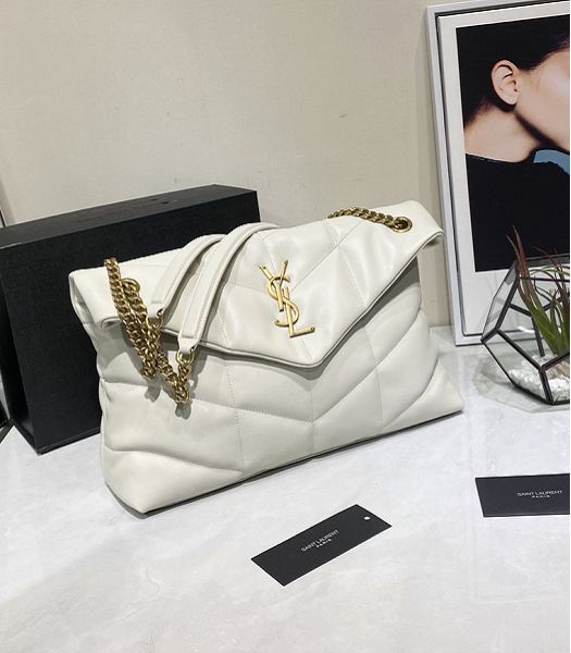 YSL Loulou Puffer White Original Smooth Lambskin Golden Metal Large Shoulder Bag