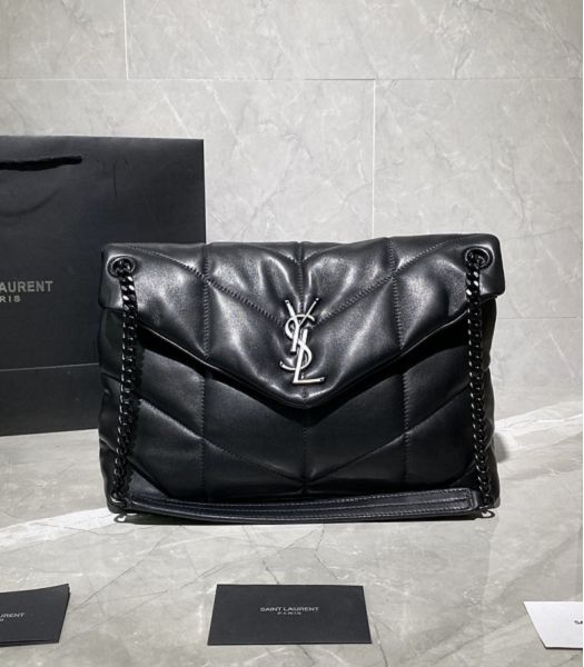 YSL Loulou Puffer Black Original Smooth Lambskin Black Chain Large Shoulder Bag