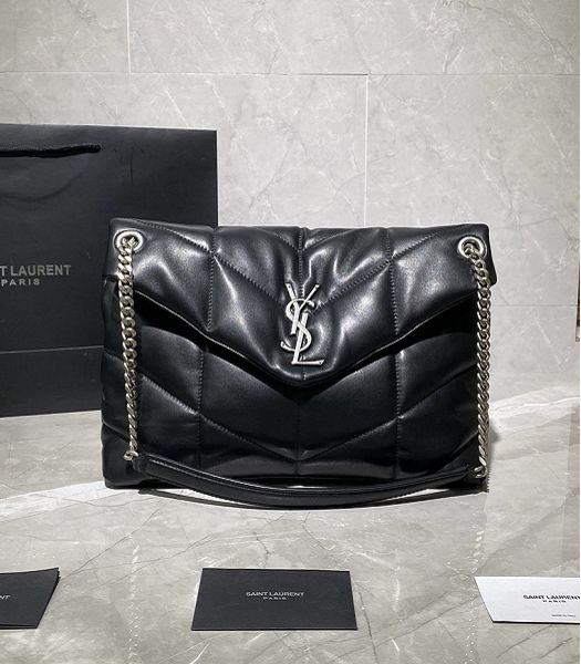 YSL Loulou Puffer Black Original Smooth Lambskin Silver Metal Large Shoulder Bag