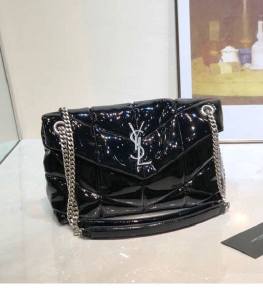 YSL Loulou Puffer Black Original Patent Lambskin Silver Metal 29cm Shoulder Bag