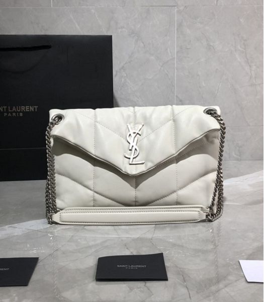 YSL Loulou Puffer White Original Smooth Lambskin Silver Metal 29cm Shoulder Bag