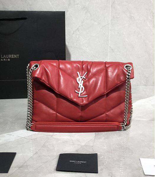 YSL Loulou Puffer Red Original Smooth Lambskin Silver Metal 29cm Shoulder Bag